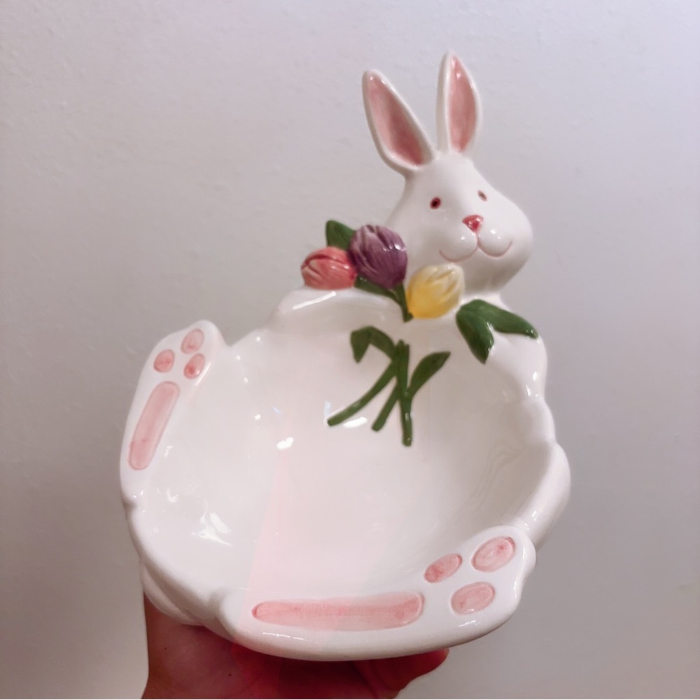 Ships Free  OCI Omnibus Japan Bunny Easter Candy Dish/ Egg/Trinket Bowl W Tulips
